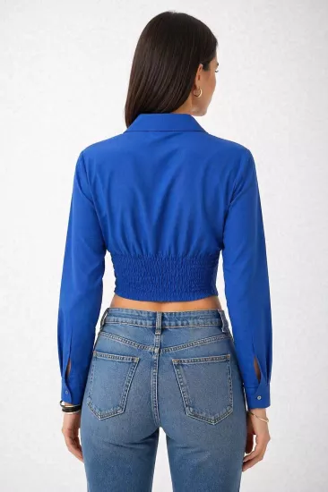 Kadın Saks Mavi Beli Lastikli Korse Crop Gömlek