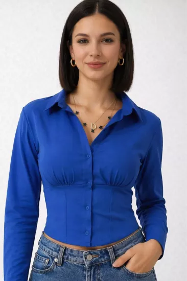 Kadın Saks Mavi Beli Lastikli Korse Crop Gömlek