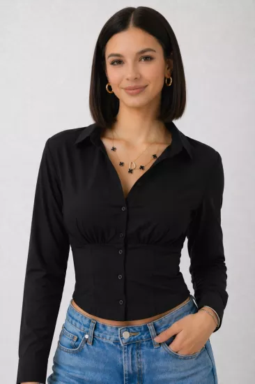 Kadın Siyah Beli Lastikli Korse Crop Gömlek