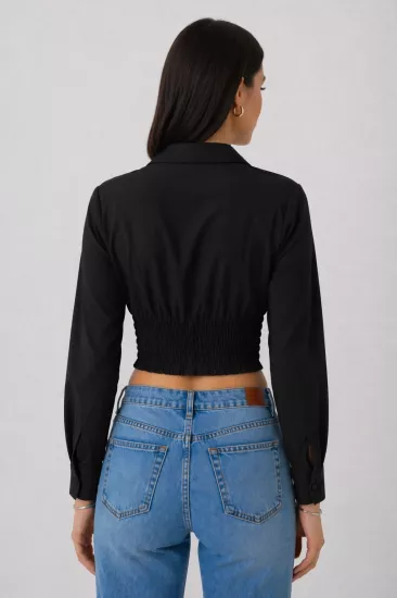 Kadın Siyah Beli Lastikli Korse Crop Gömlek