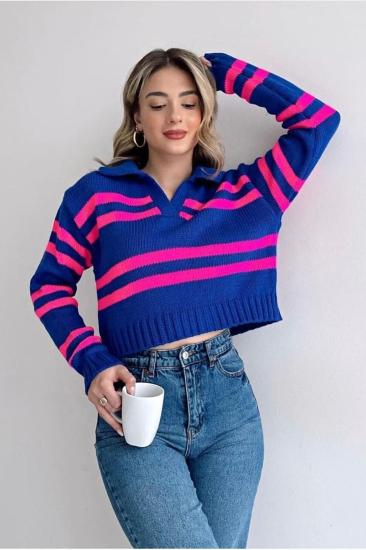 Kadın Polo Yaka Çizgili Crop Triko Kazak
