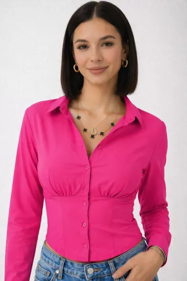 Kadın Fuşya Beli Lastikli Korse Crop Gömlek