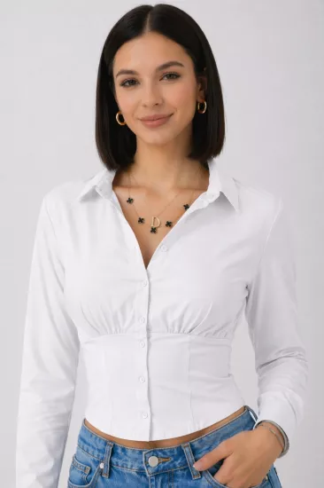 Kadın Beyaz Beli Lastikli Korse Crop Gömlek