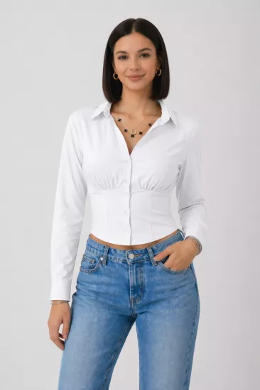 Kadın Beyaz Beli Lastikli Korse Crop Gömlek