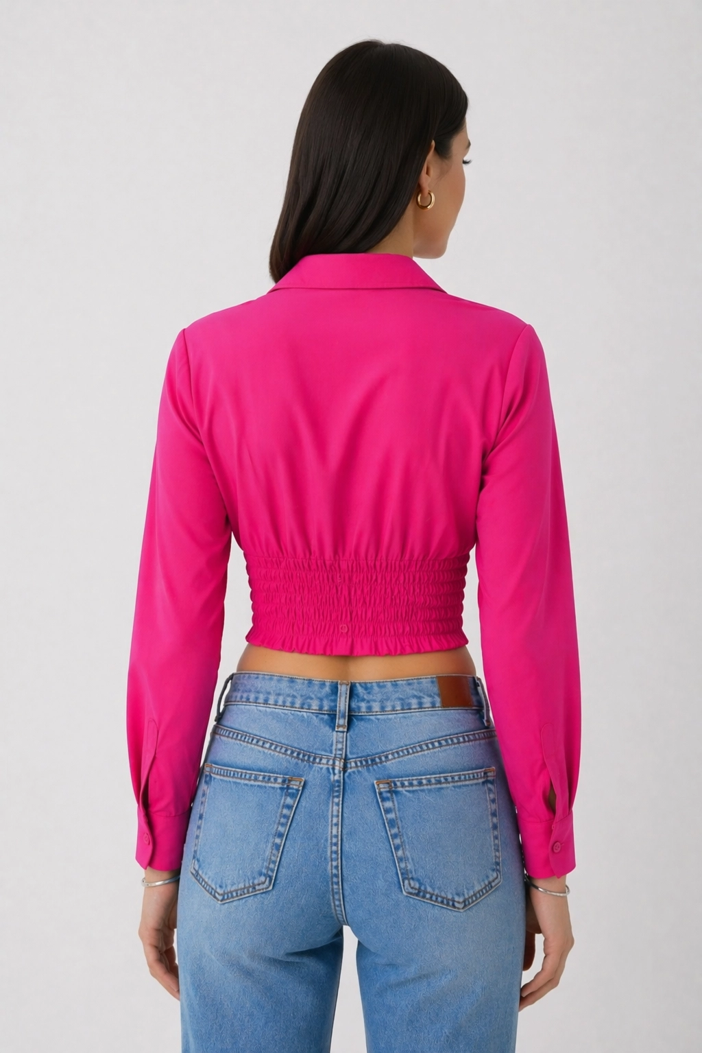 Kadın Fuşya Beli Lastikli Korse Crop Gömlek