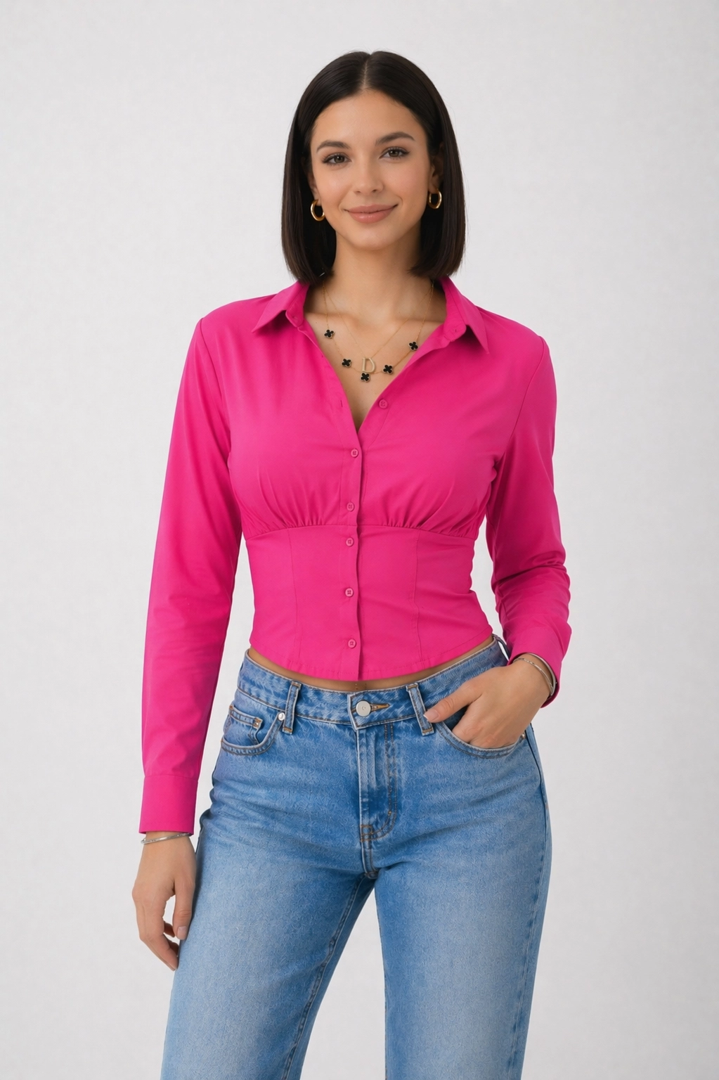 Kadın Fuşya Beli Lastikli Korse Crop Gömlek