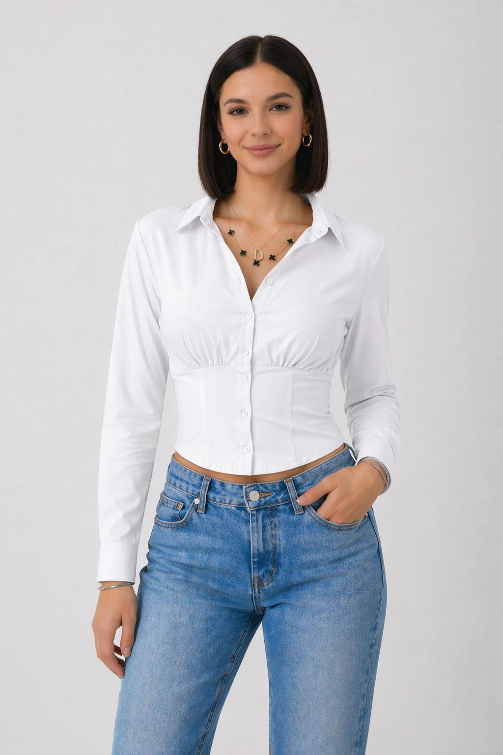 Kadın Beyaz Beli Lastikli Korse Crop Gömlek
