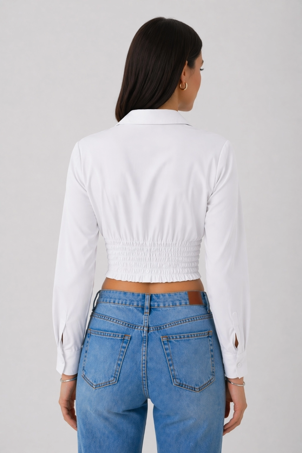 Kadın Beyaz Beli Lastikli Korse Crop Gömlek